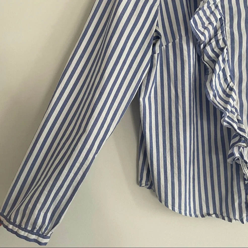 MADEWELL STRIPED RUFFLE FRONT BLOUSE BLUE WHITE - Picture 6 of 13